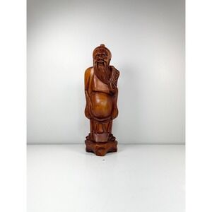 Vintage Hand Carved Asian Wood Statue: Old Wise Man Decor 9.5" tall